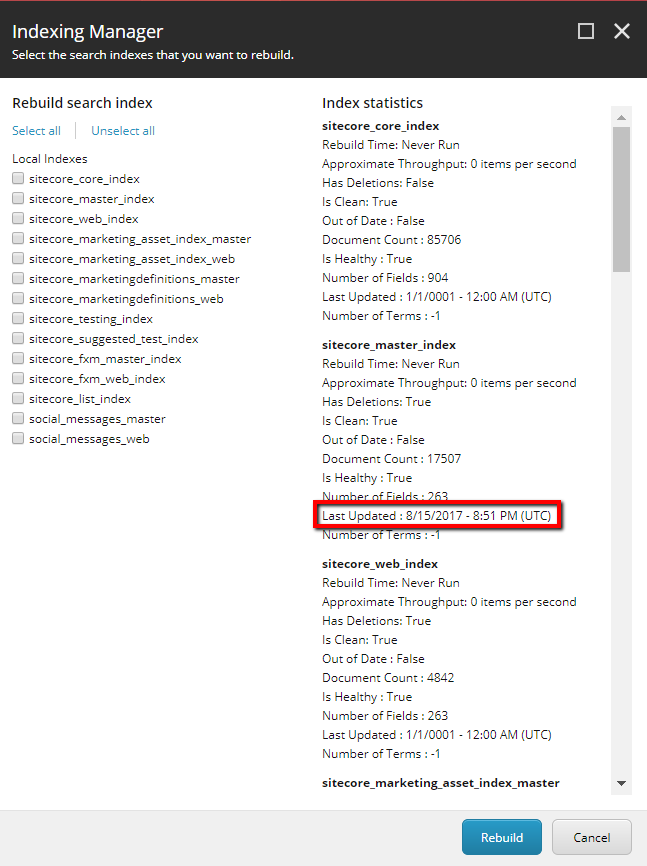 Indexing Manager dialog